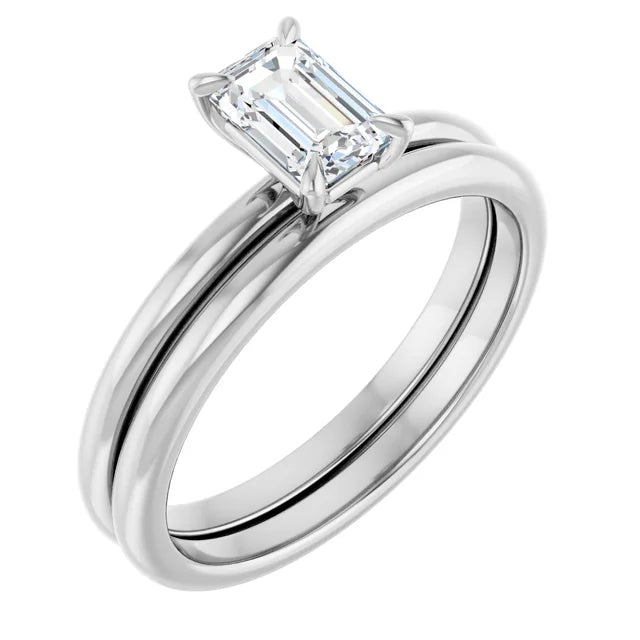 14K White Gold Emerald 6mmx4mm Moissanite Solitaire Engagement Ring