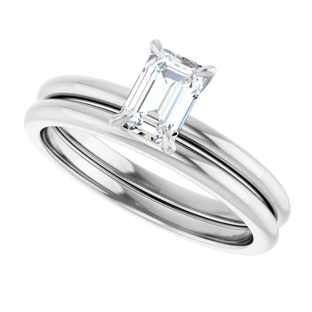14K White Gold Emerald 6mmx4mm Moissanite Solitaire Engagement Ring